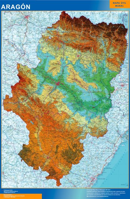 Mapa Aragón físico enmarcado plastificado 