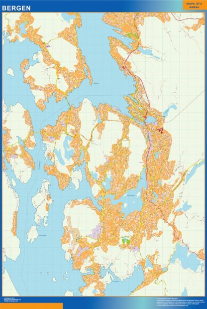 Mapa Bergen en Noruega enmarcado plastificado 