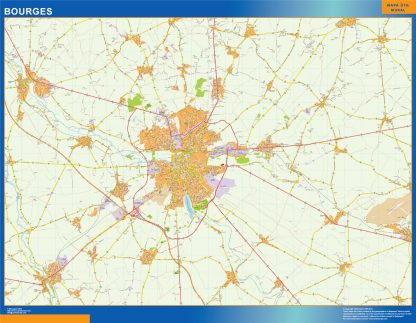 Mapa Bourges en Francia enmarcado plastificado 