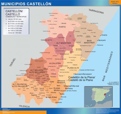 Mapa Castellon por municipios enmarcado plastificado 