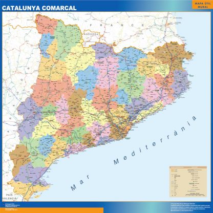 Mapa Cataluña comarcal enmarcado plastificado 