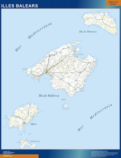 Mapa Islas Baleares carreteras enmarcado plastificado 