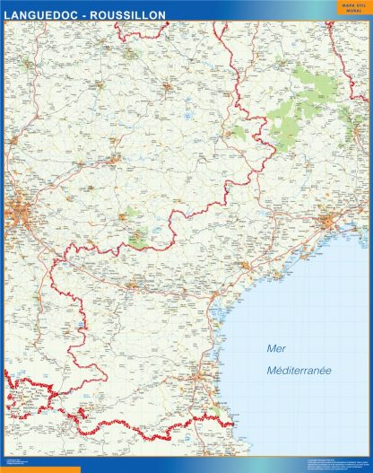 Mapa Languedoc Roussillon en Francia enmarcado plastificado 