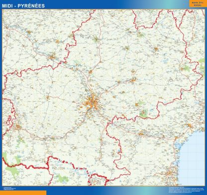 Mapa Midi Pyrenees en Francia enmarcado plastificado 