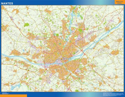 Mapa Nantes en Francia enmarcado plastificado 