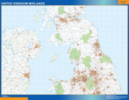 Mapa Reino Unido Midlands carreteras enmarcado plastificado 