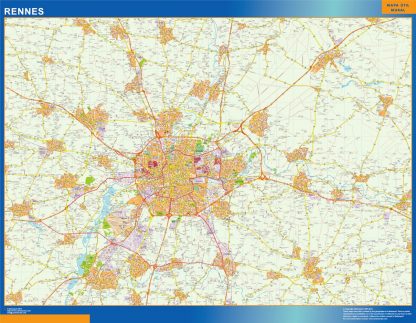 Mapa Rennes en Francia enmarcado plastificado 