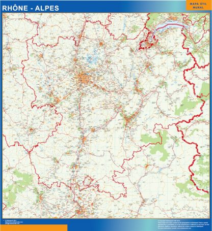 Mapa Rhone Alpes en Francia enmarcado plastificado 