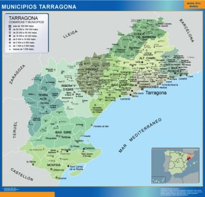 Mapa Tarragona por municipios enmarcado plastificado 