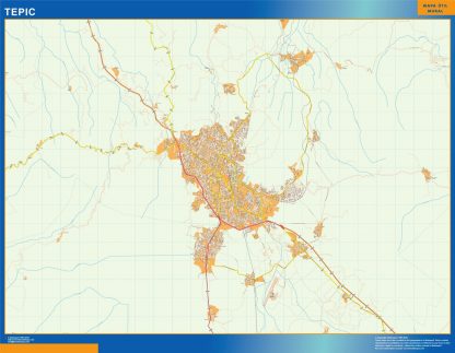 Mapa Tepic en Mexico enmarcado plastificado 