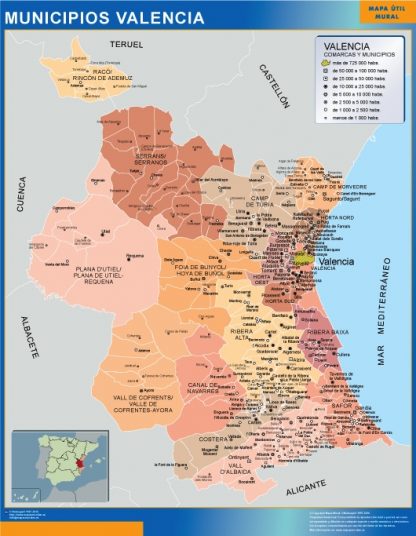 Mapa Valencia por municipios enmarcado plastificado 