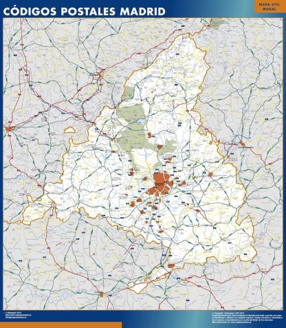 Mapa de Comunidad de Madrid códigos postales enmarcado plastificado 