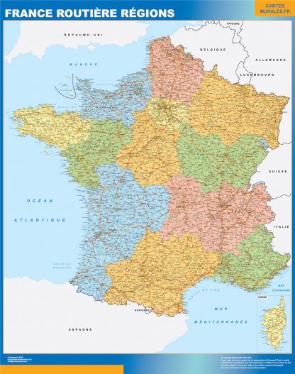 Mapa de Francia regional con carreteras enmarcado plastificado 