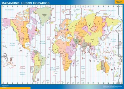 Mapamundi Husos Horarios enmarcado plastificado 